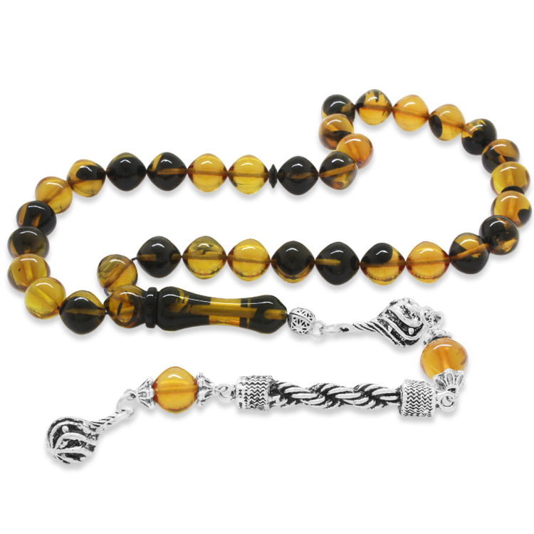 Istanbul Cut Yellow-Black Fire Amber Rosary with Tarnish Resistant Metal Rope Tassels
