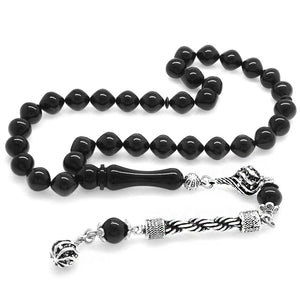 Tarnish Resistant Metal Rope Tassels  Black Crimped Amber Rosary