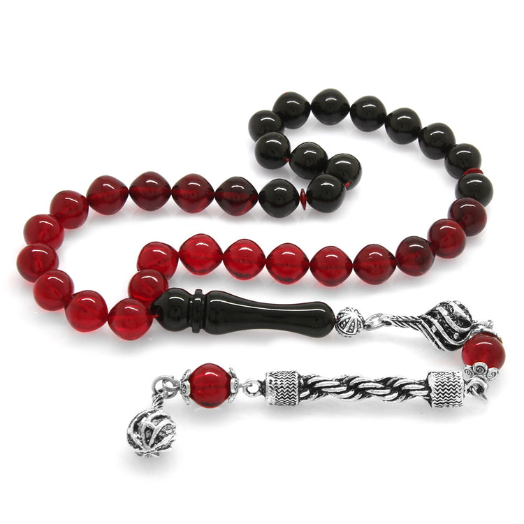 Istanbul Cut Filtered Red-Black Fire Amber Rosary with Tarnish Resistant Metal Rope Tassels