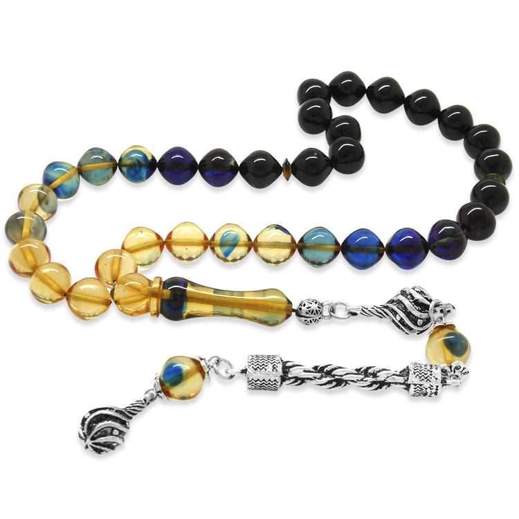 Blue-White Fire Amber Rosary with Tarnish Resistant Metal Rope Tassels