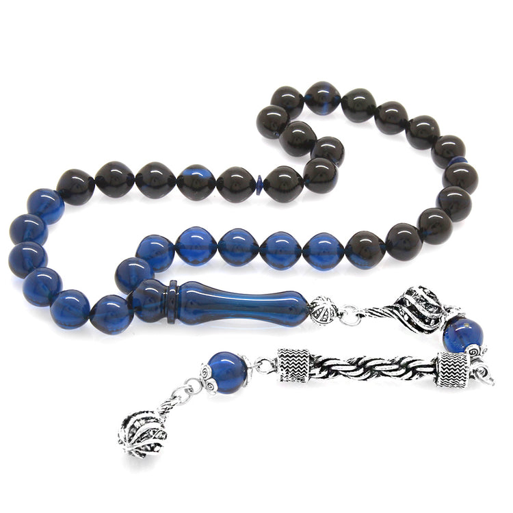 Istanbul Cut Blue-Black Pressed Amber Prayer Beads 
