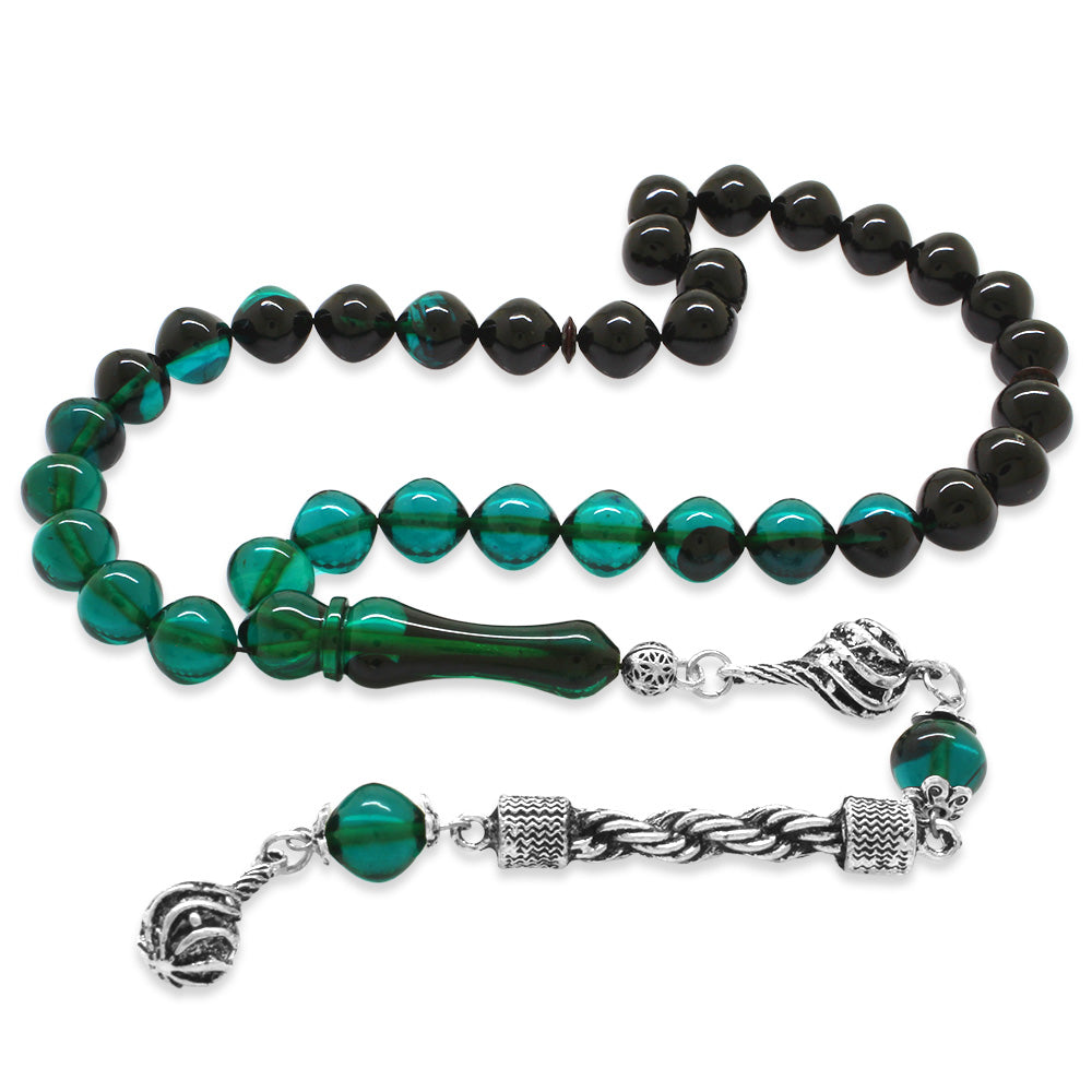 Istanbul Cut Filtered Turquoise-Black Fire Amber Rosary 