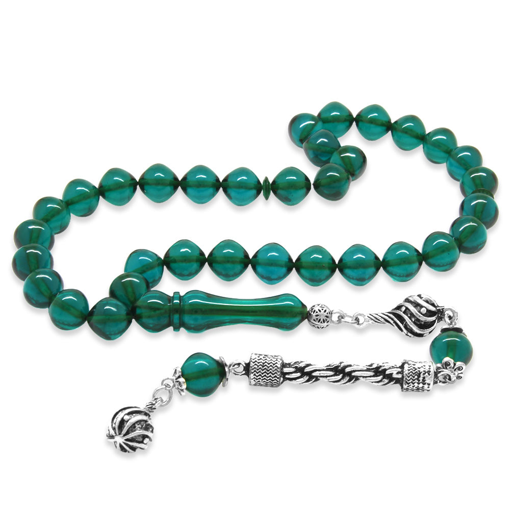 Istanbul Cut Turquoise Fire Amber Rosary with Tarnish Resistant Metal Rope Tassels