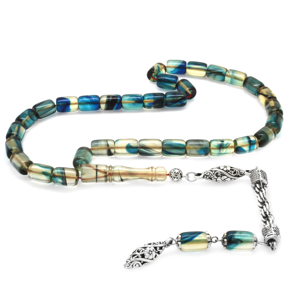 Tarnish Resistant Metal Rope Tassel Capsule Cut Blue-White Fire Amber Rosary
