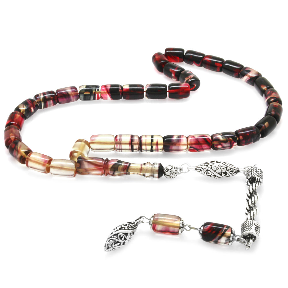 Fuchsia-Black Fire Amber Rosary with Tarnish Resistant Metal Rope Tassels