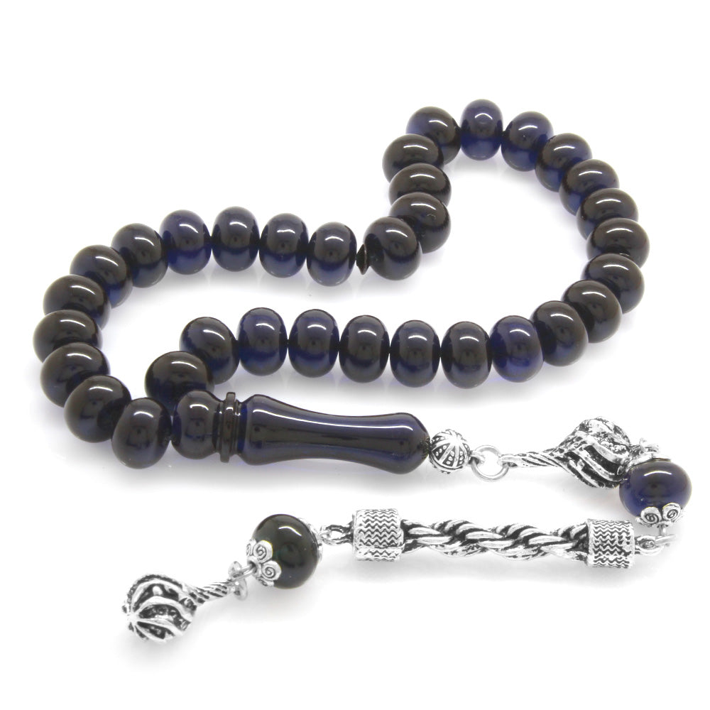 Tarnish-proof Metal Rope Tassels Blue Crimped Amber Rosary