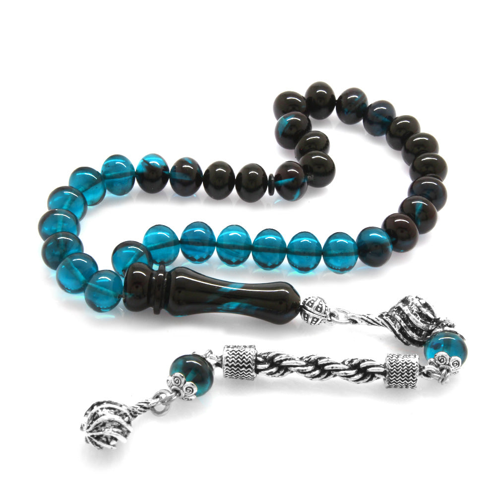 Tarnish-proof Metal Rope Tassels Turquoise-Black Fire Amber Rosary