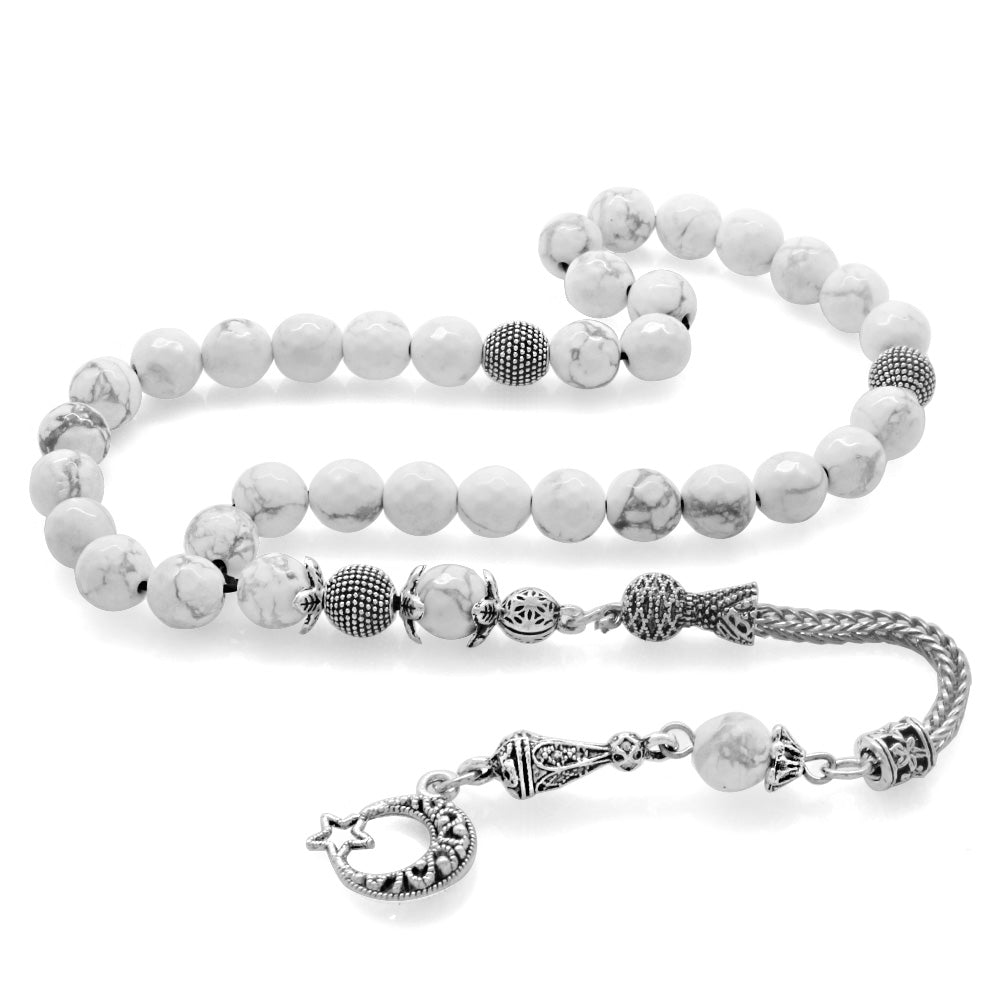 Tarnish-proof Metal Faceted Sphere Cut Howlite Natural Stone Prayer Beads with Crescent and Star Tassels