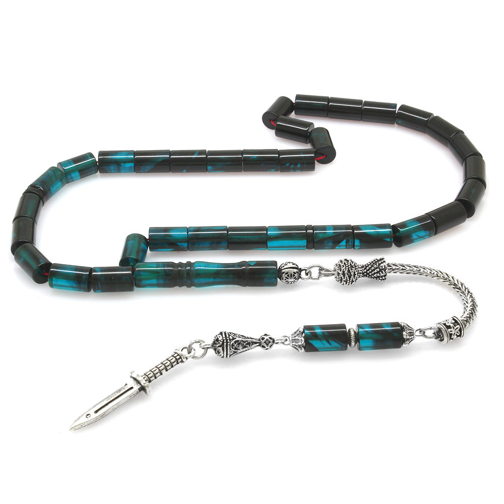 Metal Wedge Tassel Turquoise-Black Fire Amber Rosary