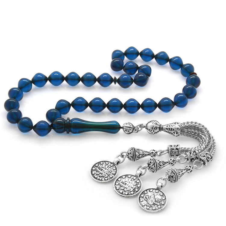 Tarnishable Metal Mecidiye Tasseled Istanbul Cut Dark Blue Squeezed Amber Prayer Beads