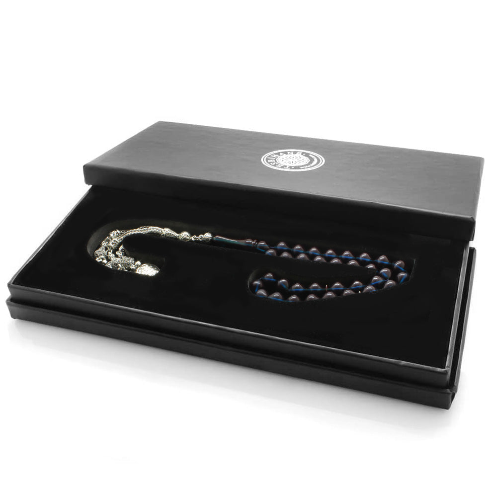 Tarnishable Metal Tasseled Dark Blue Squeezed Amber Prayer Beads