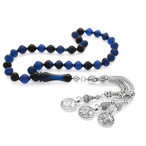 Tarnishproof Metal Blue-Black Pressed Amber Prayer Beads