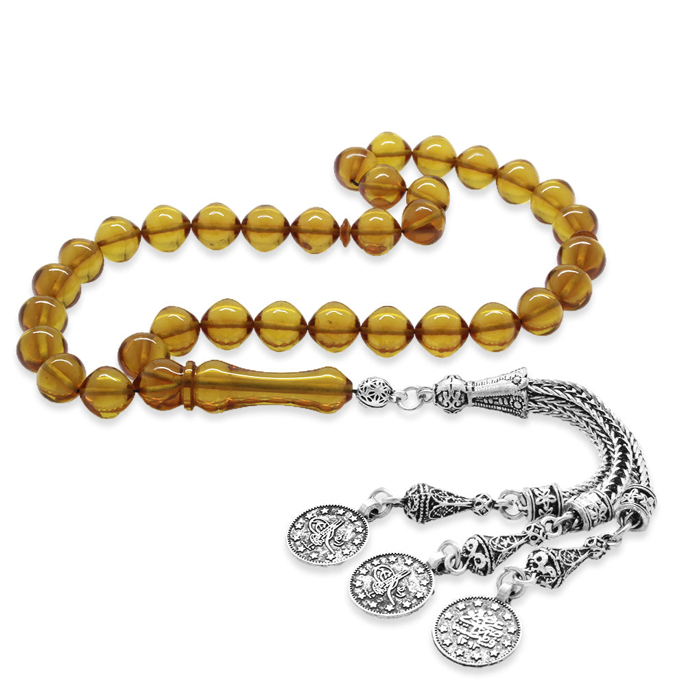 Tarnishproof Metal Mecidiye Tasseled Yellow Fire Amber Rosary