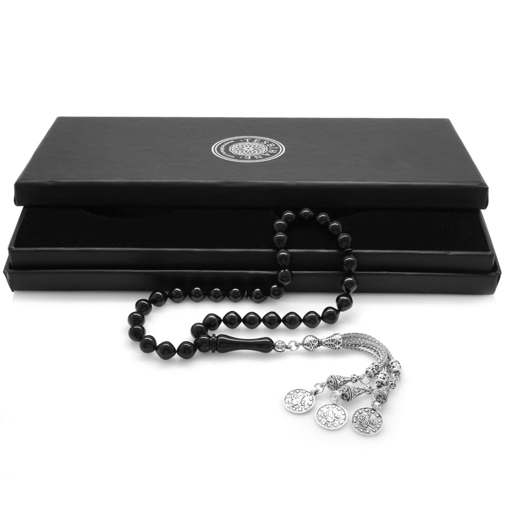 Black Crimped Amber Prayer Beads