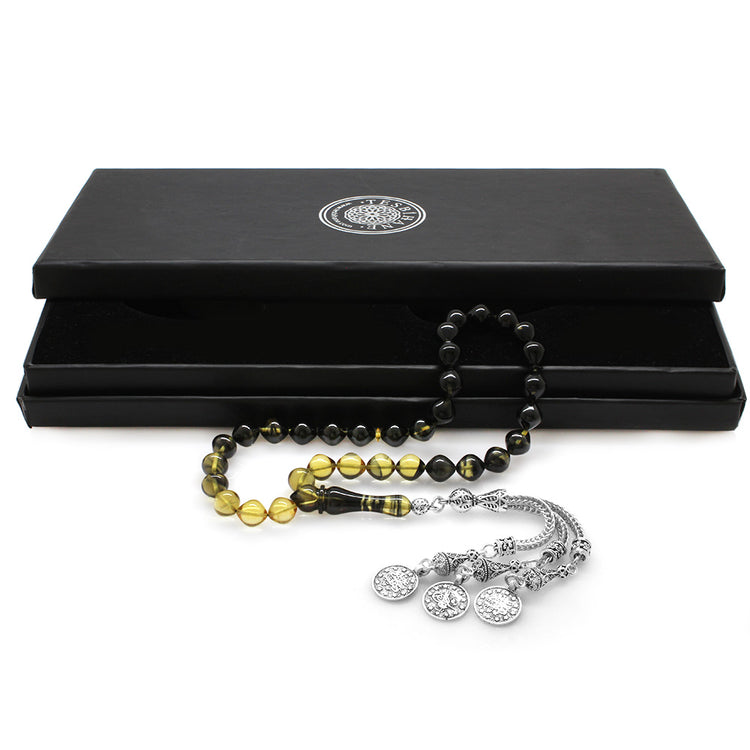 Tarnishproof Metal Mecidiye Tasseled White-Black Fire Amber Rosary