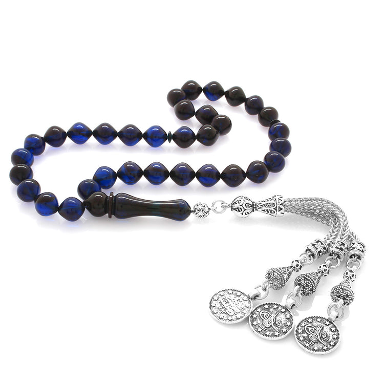 Tarnishproof Metal Mecidiye Tasseled Blue-Black Pressed Amber Prayer Beads