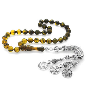 Tarnishproof Metal Mecidiye Tasseled  Yellow-Black Fire Amber Rosary