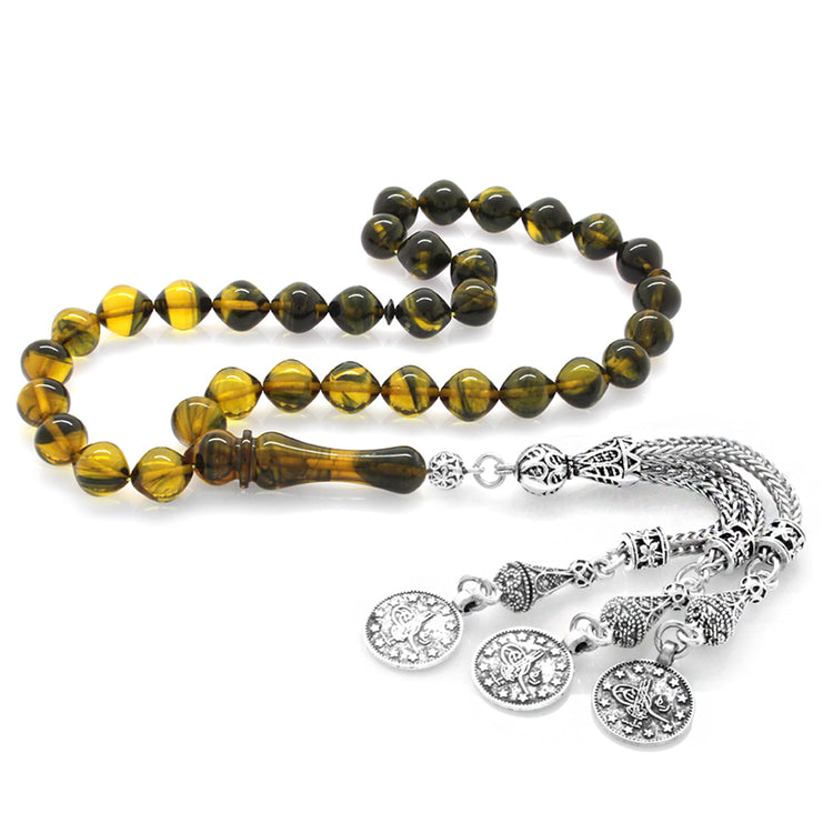 Tarnishproof Metal Mecidiye Tasseled  Yellow-Black Fire Amber Rosary