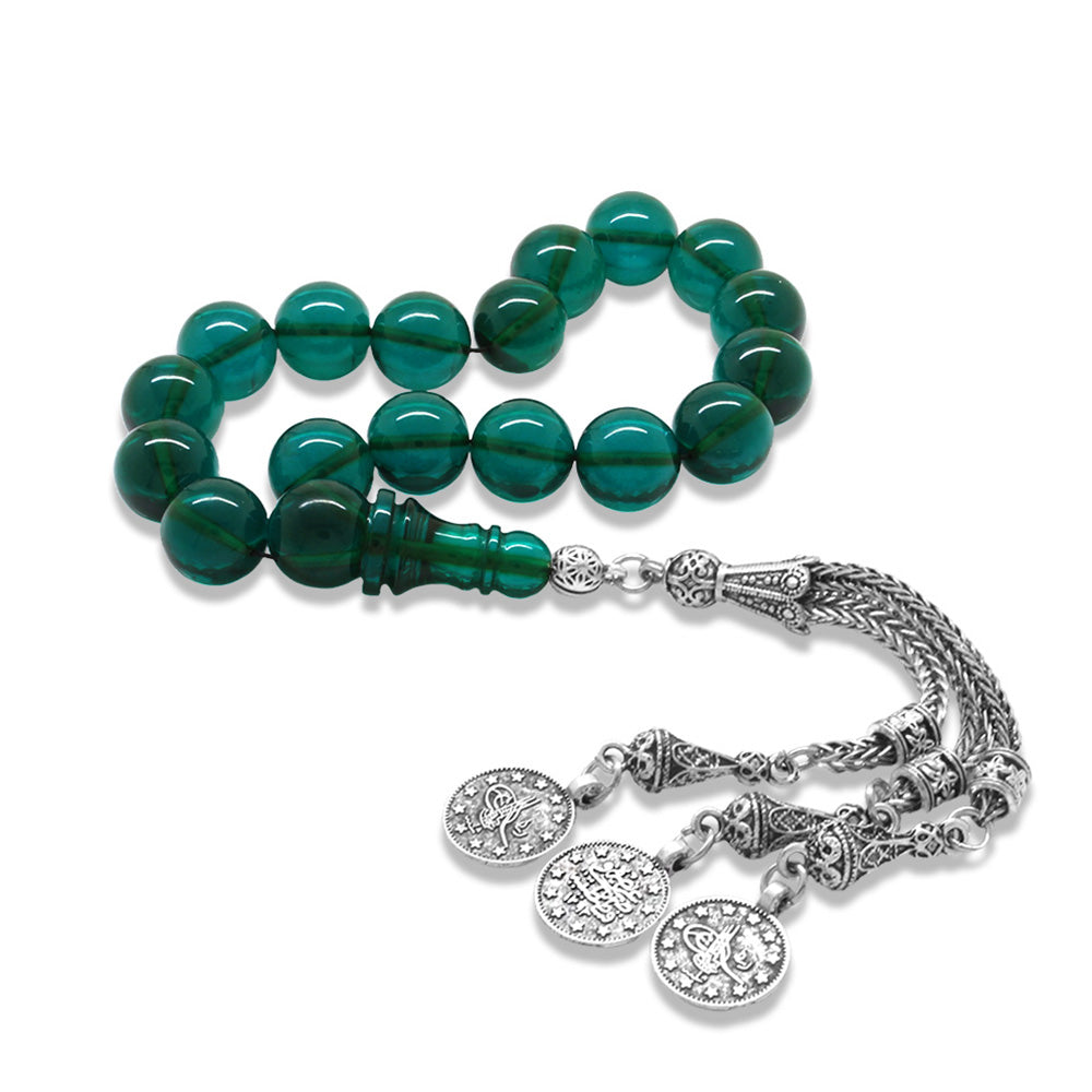 Tarnishable Metal Mecidiye Tasseled Turquoise Fire Amber Efe Rosary