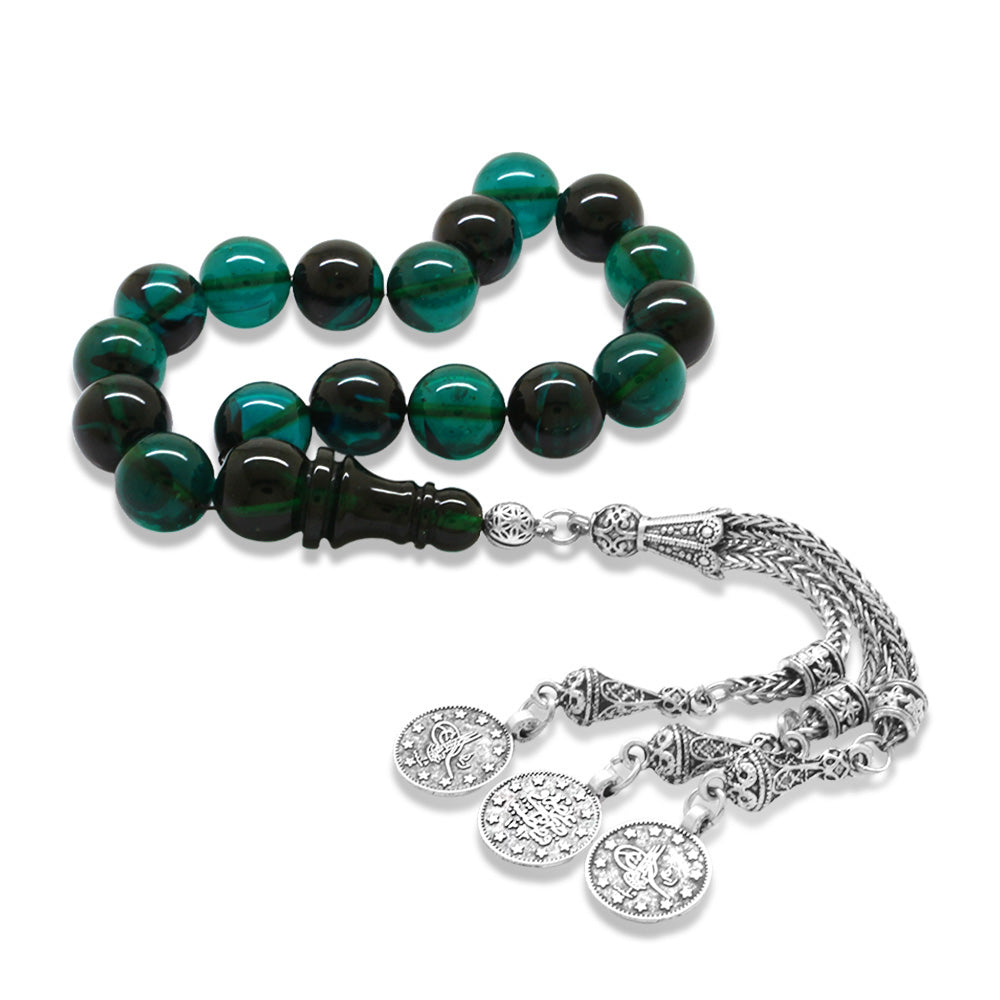 Tarnishproof Metal Mecidiye Tasseled Turquoise-Black Fire Amber Efe Rosary