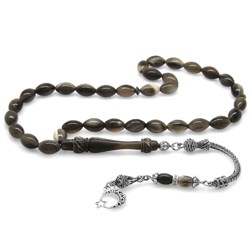Barley Cut Dark Buffalo Horn Prayer Beads with Metal Tassels