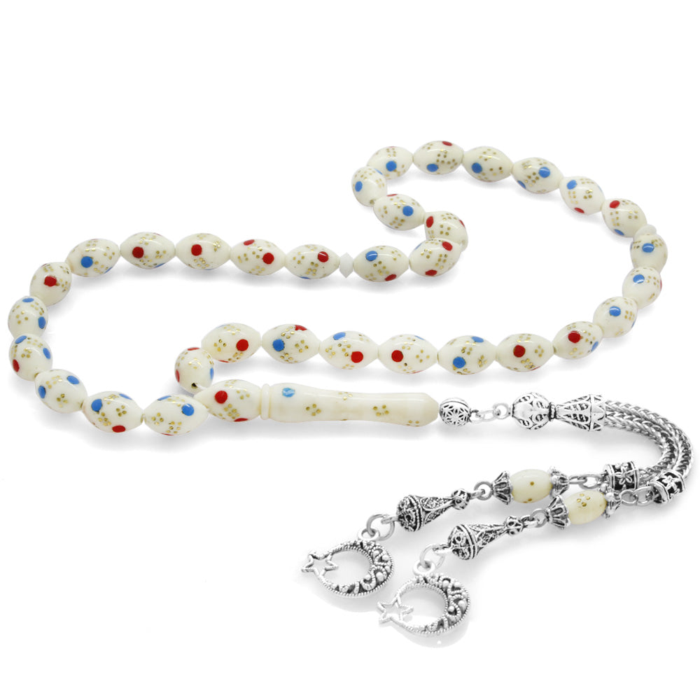Blue-Red Camel Bone Rosary with Metal Tassels