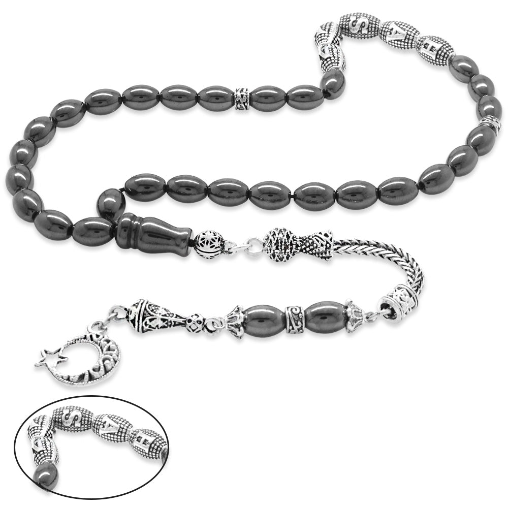 Hematite Natural Stone Prayer Beads with Tarnish Resistant Metal Tassels 