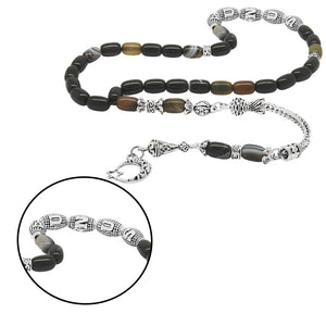 Suleyman Agate Natural Stone Prayer Beads with Tarnish-free Metal Tassels, Barley Cut Metal Name Written