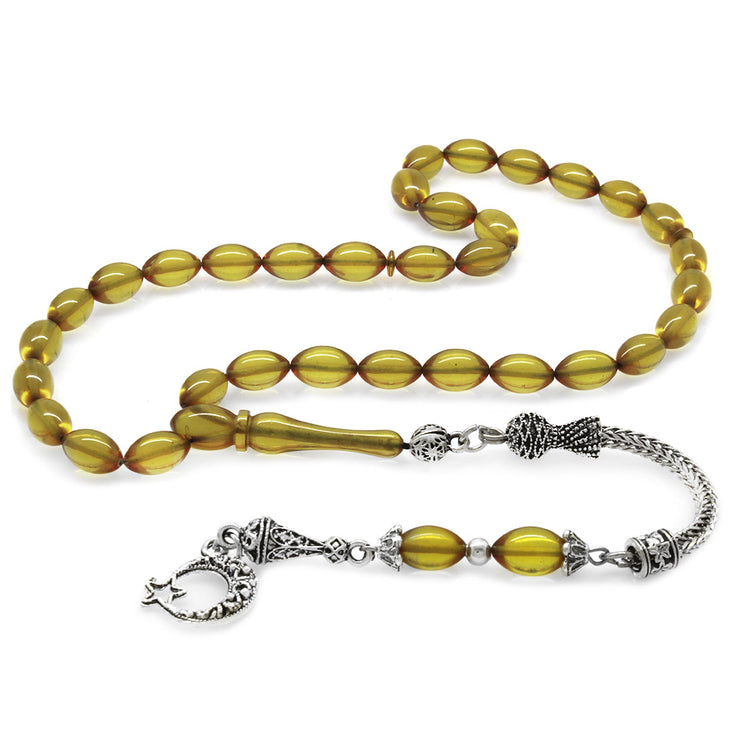 Crescent and Star Barley Cut Yellow Fire Amber Rosary 