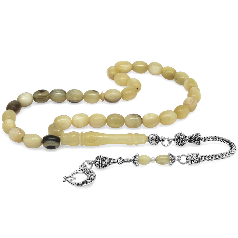 Capsule Cut Ram's Horn Prayer Beads with Tarnish Resistant Metal Tassels