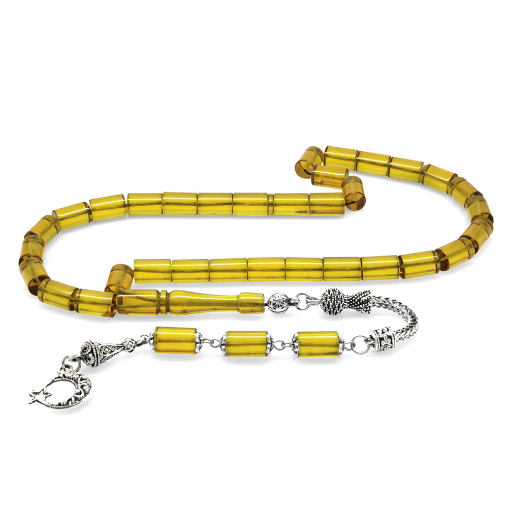 Yellow Fire Amber Rosary with Tarnish Resistant Metal Tassels