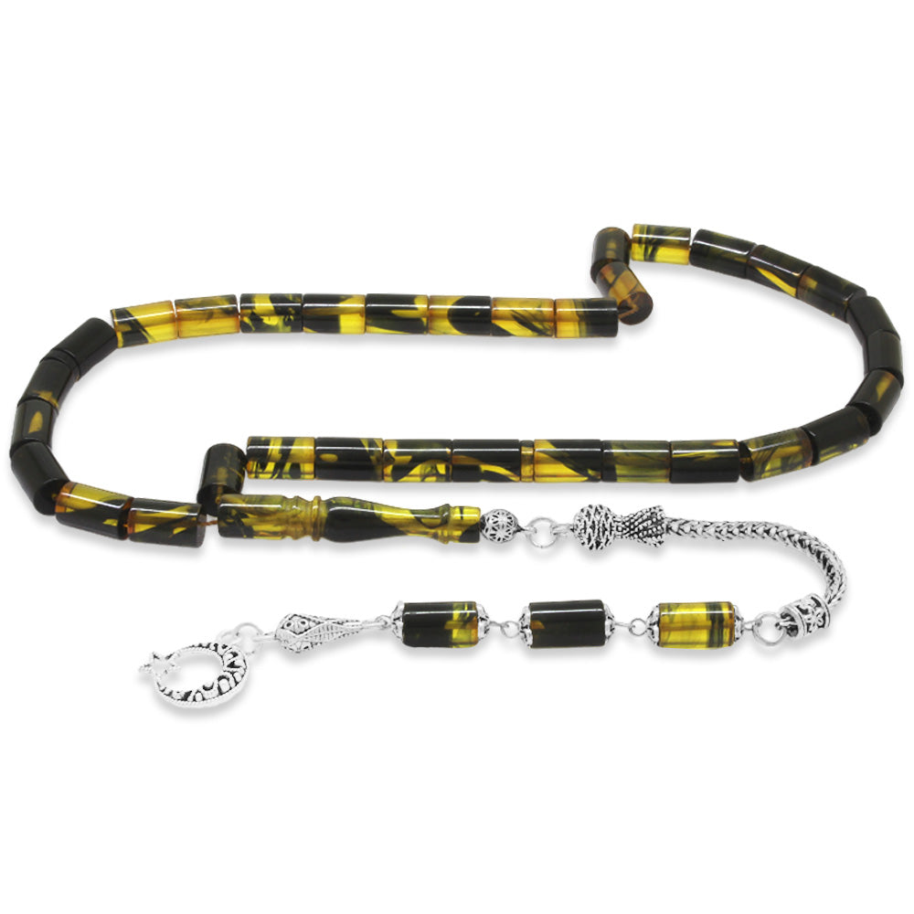 Yellow-Black Amber Rosary with Tarnish Resistant Tassels