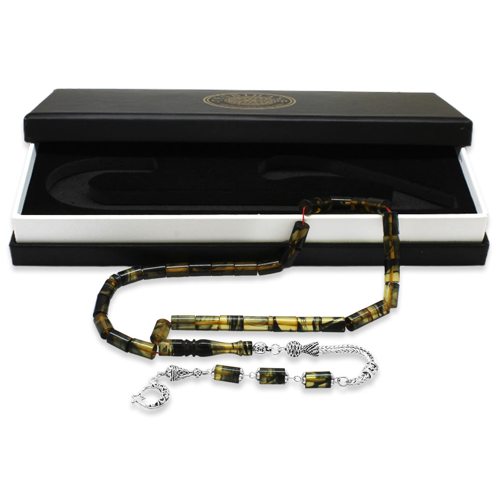 Black-White Amber Rosary with Tarnish Resistant Tassels