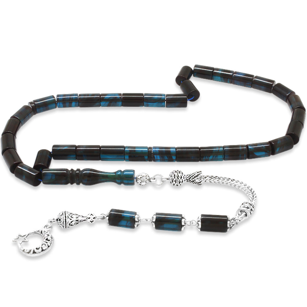 Turquoise-Black Amber Rosary with Tarnish Resistant Tassels