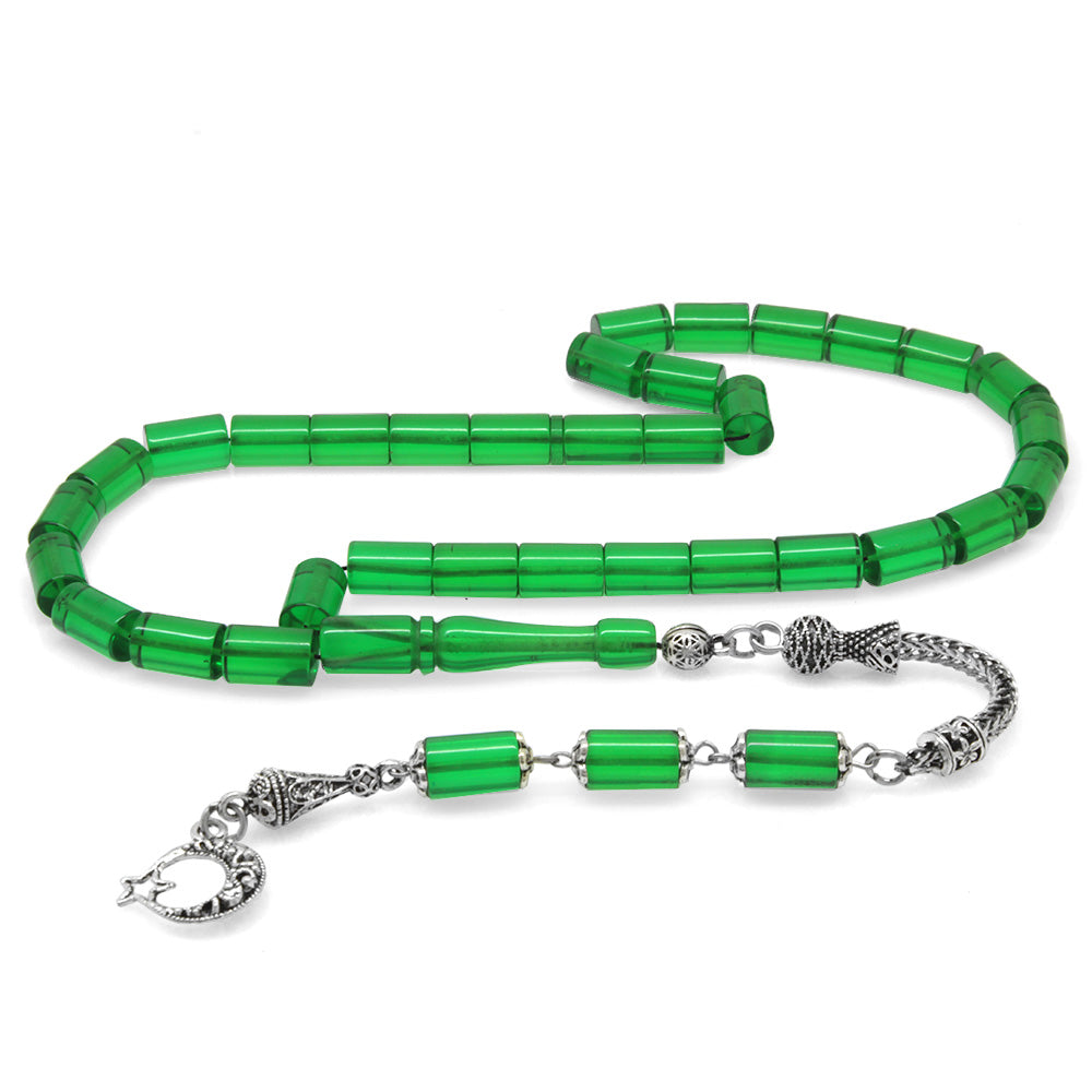Green Fire Amber Rosary with Tarnish Resistant Metal Tassels