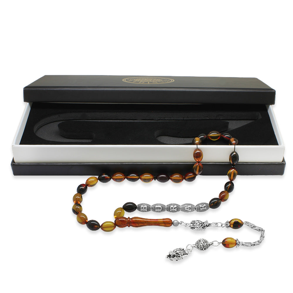 Bala-Black Fire Amber Rosary with Anti-tarnish Metal Tassel and Personalized Name Written