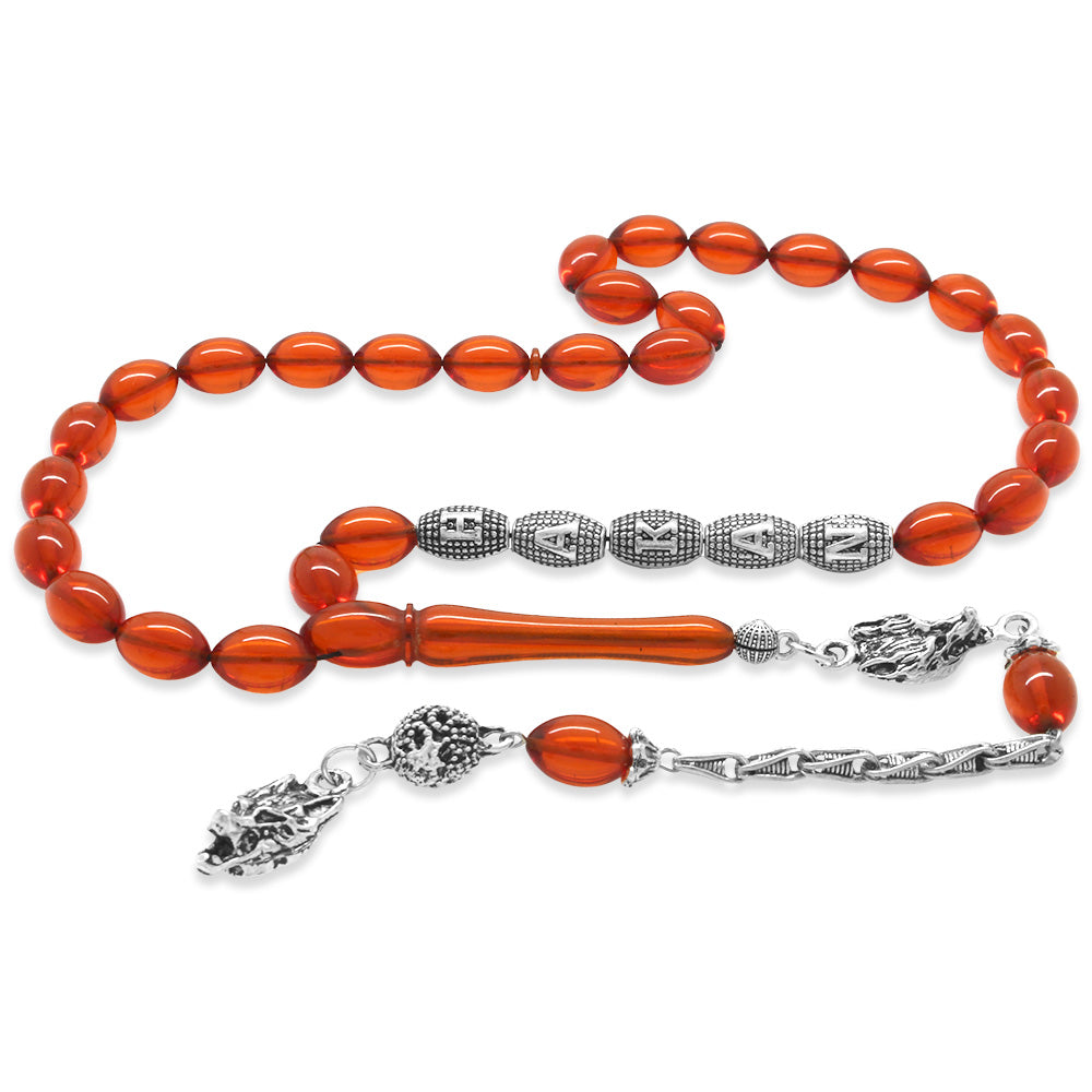 Red Fire Amber Rosary with Tarnish Resistant Metal Tassel and Personalized Name Written
