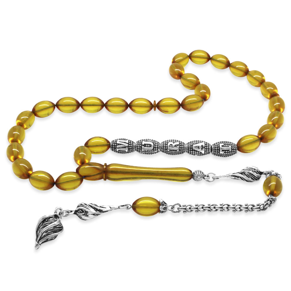Transparent Yellow Fire Amber Rosary with Tassel and Personalized Name Written