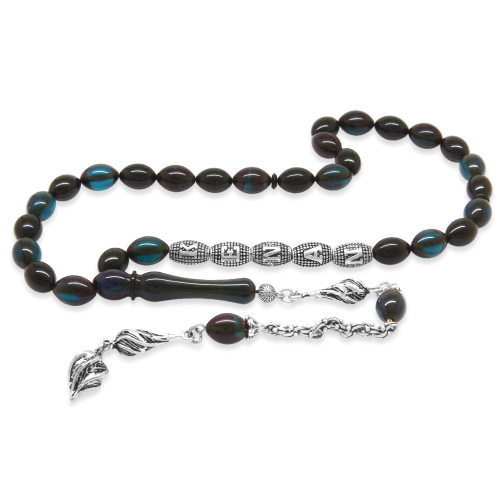 Turquoise-Black Fire Amber Rosary with Metal Tassel  Personalized Name Written