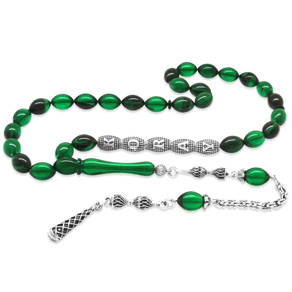 Green-Black Fire Amber Rosary with Tassel and Personalized Name Written