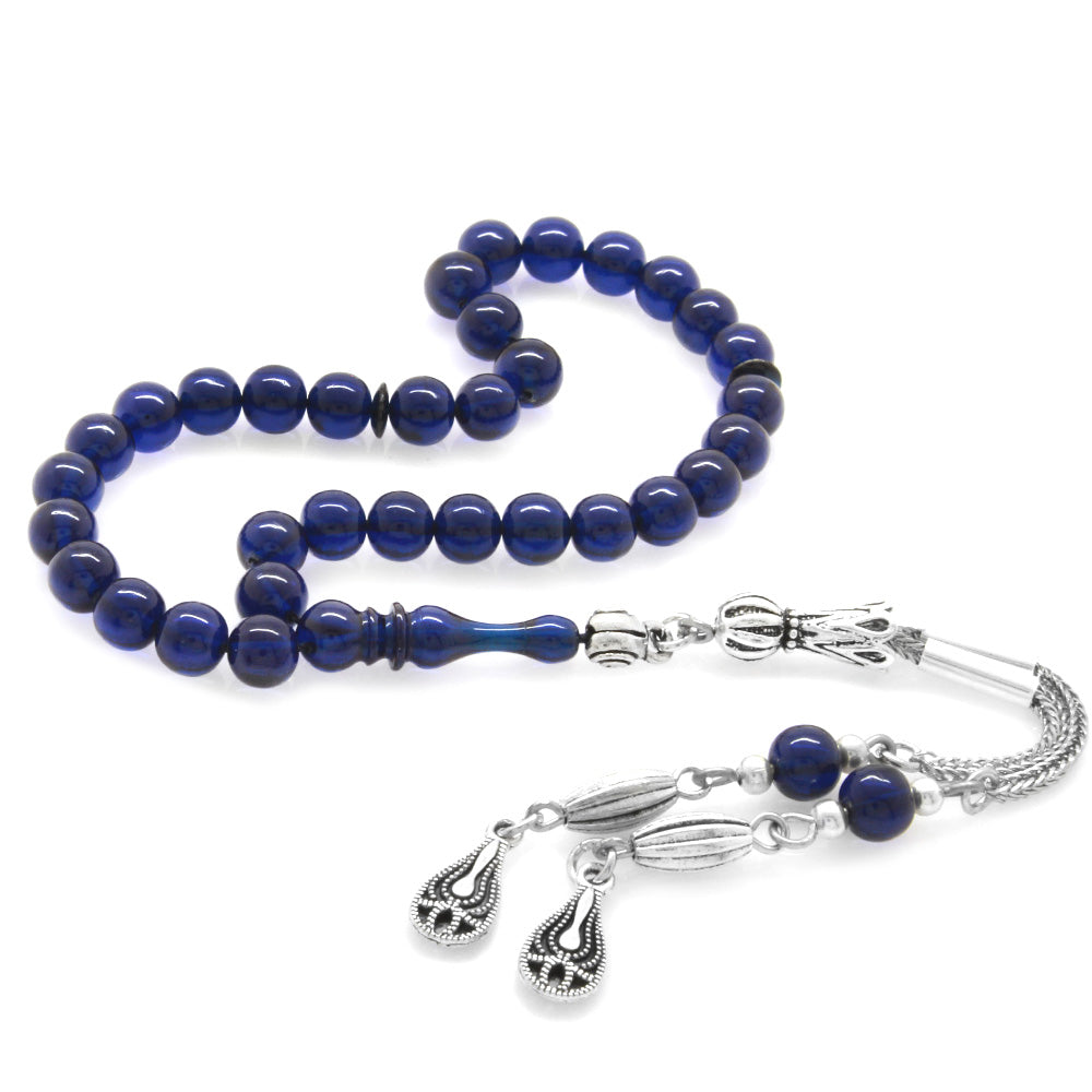 Wrist Length Dark Blue Amber Rosary with Metal Tassels