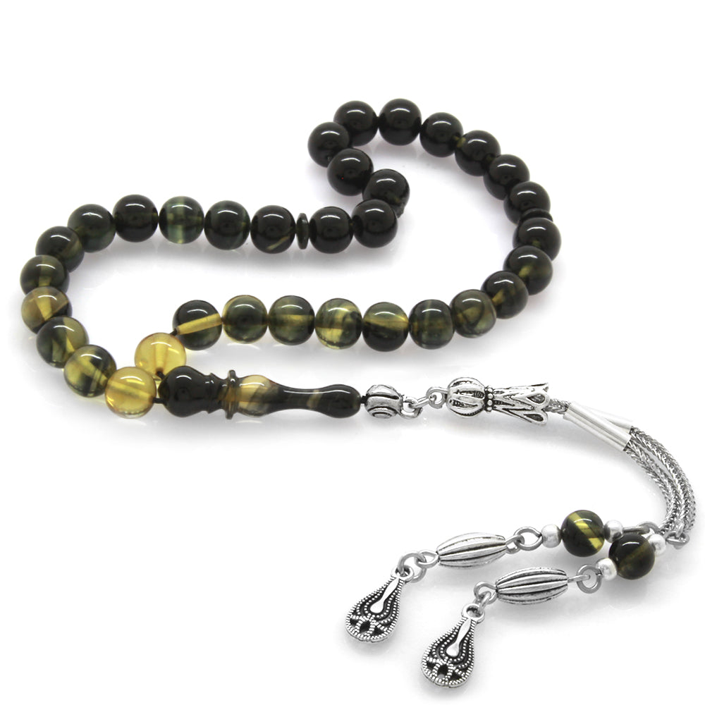Wrist Length White-Black Fire Amber Rosary with Metal Tassels