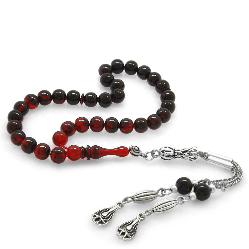Wrist Length Red-Black Fire Amber Rosary with Metal Tassels