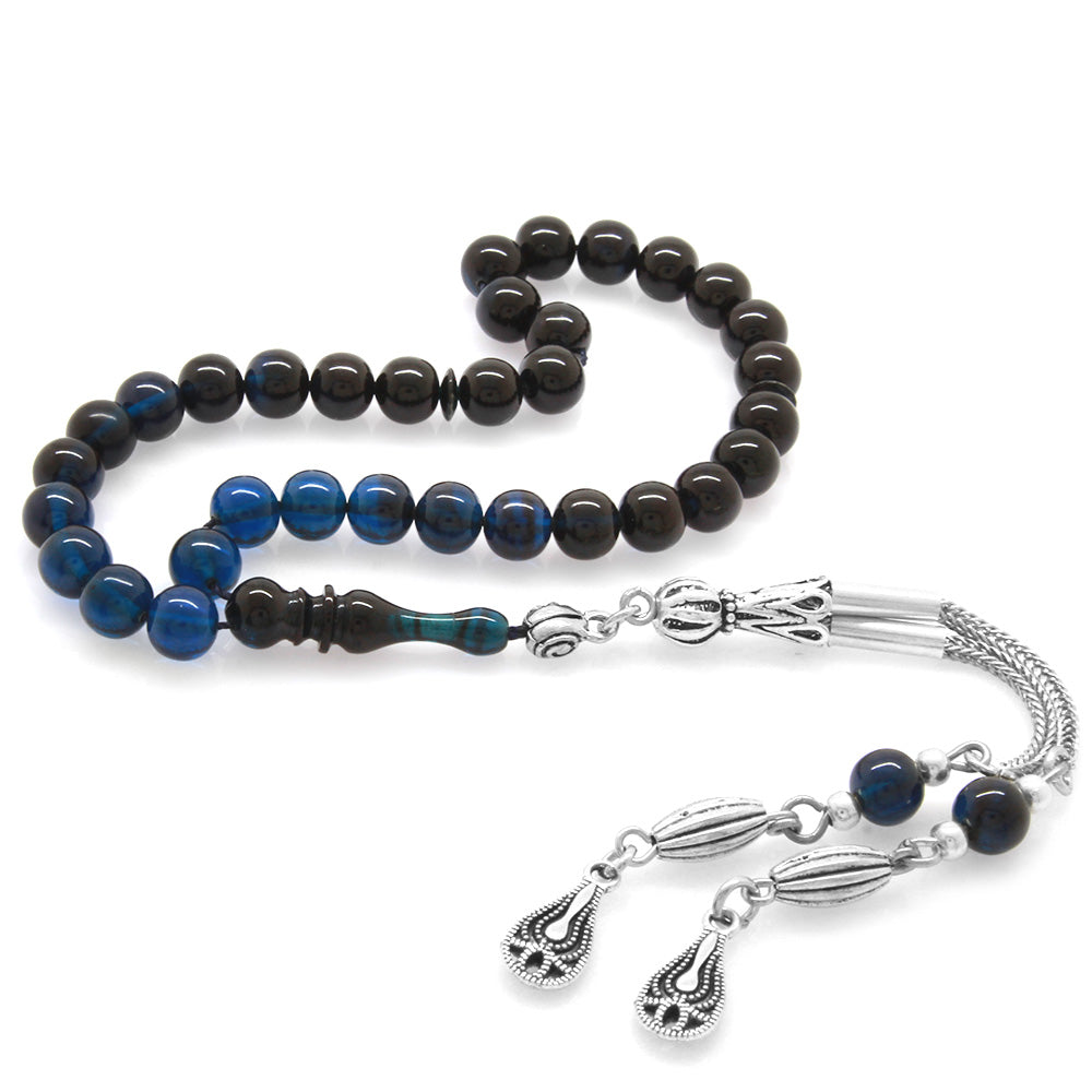 Wrist Length Blue-Black Amber Prayer Beads Metal Tassels