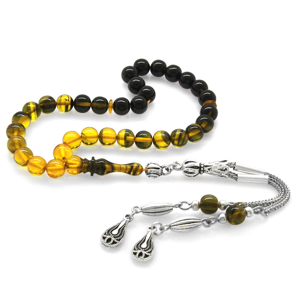 Wrist Length Yellow-Black Fire Amber Rosary with Metal Tassels