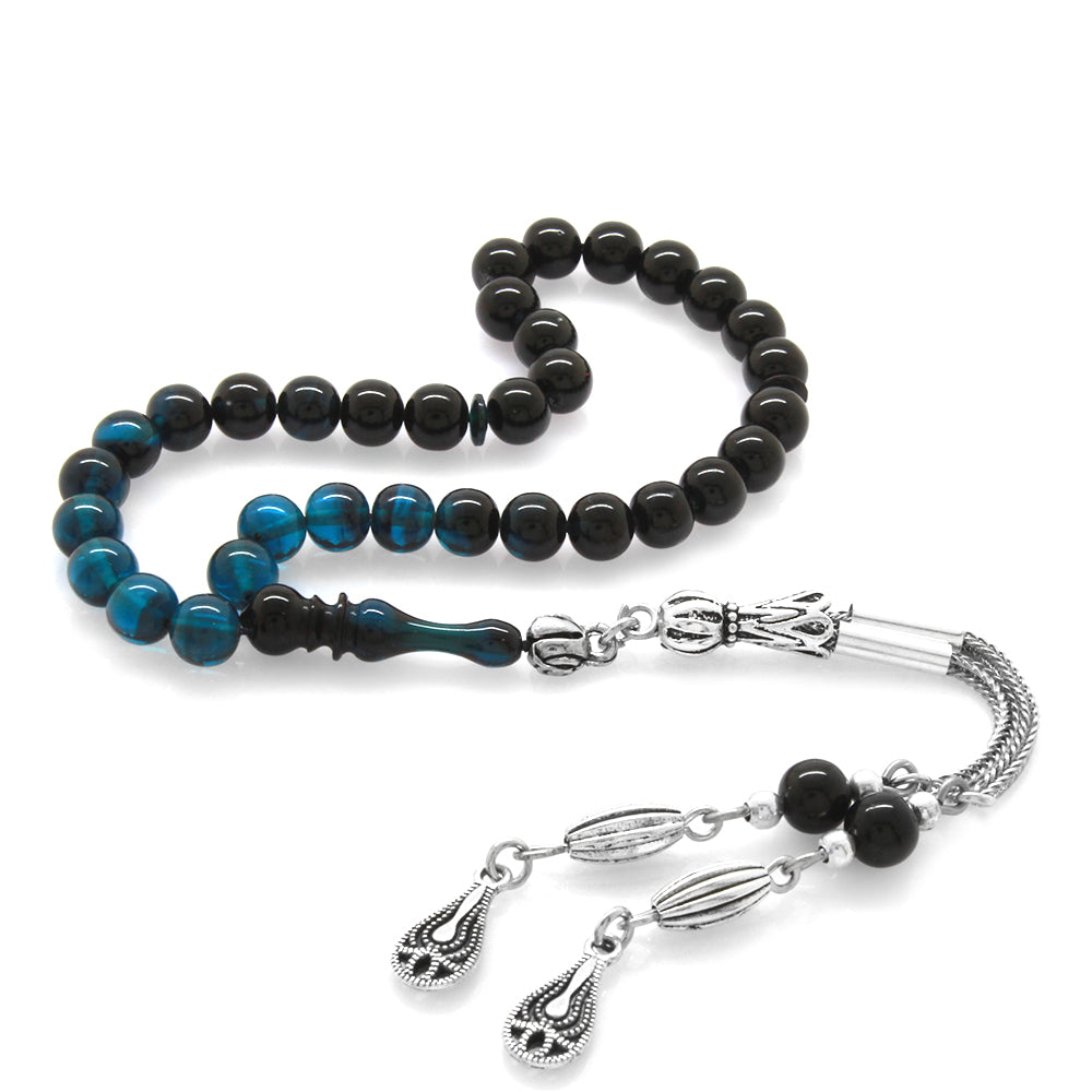 Wrist Length Turquoise-Black Fire Amber Rosary with Metal Tassels