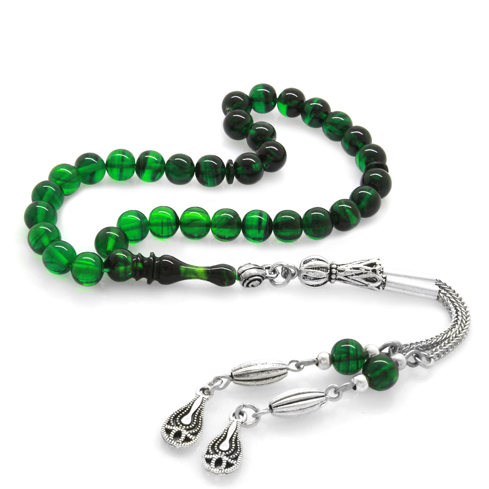 Wrist Length Green-Black Fire Amber Rosary with Metal Tassels