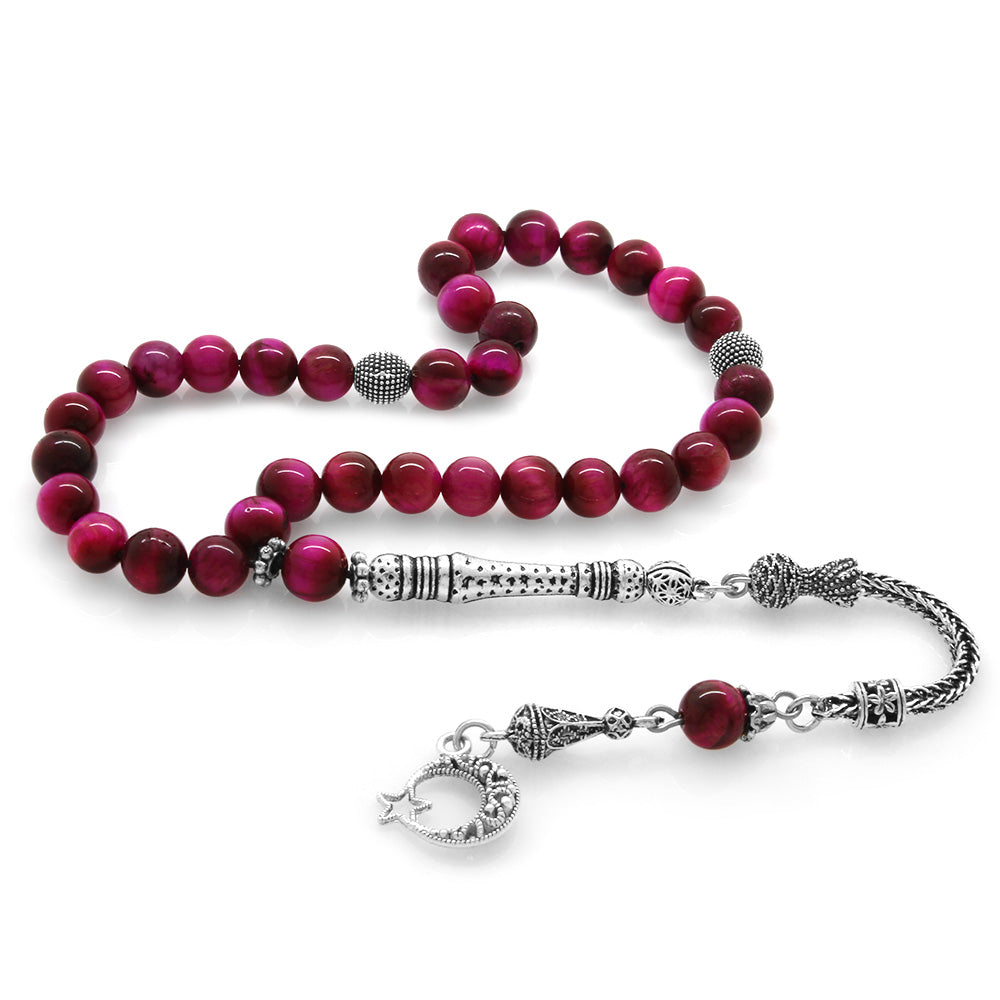 Fuchsia Color Tiger Eye Natural Stone Prayer Beads with Tarnish Resistant Tassels