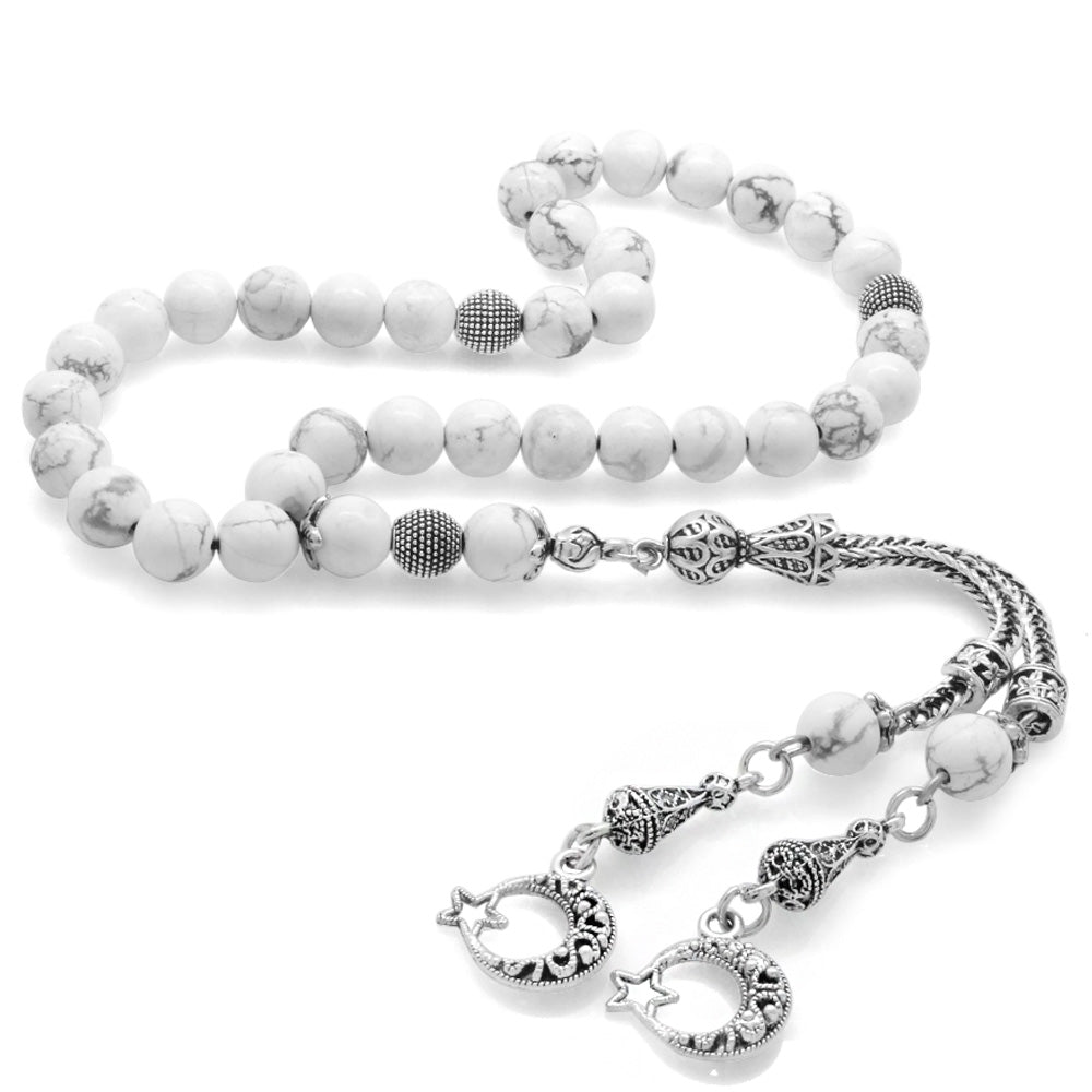 Sphere Cut Howlite Natural Stone Prayer Beads with Tarnish-Free Metal Tassels