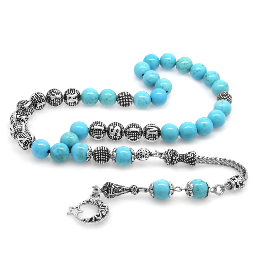Turquoise Natural Stone Prayer Beads with Tarnish-free Metal Tassels Name